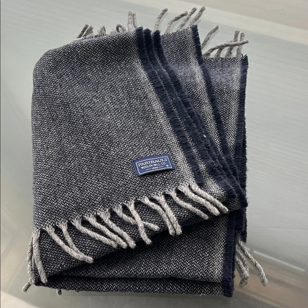 🐑Twill Pattern Navy+Gray Fringed Virgin Wool Scarf | Fairibault Woolen Mill Co.